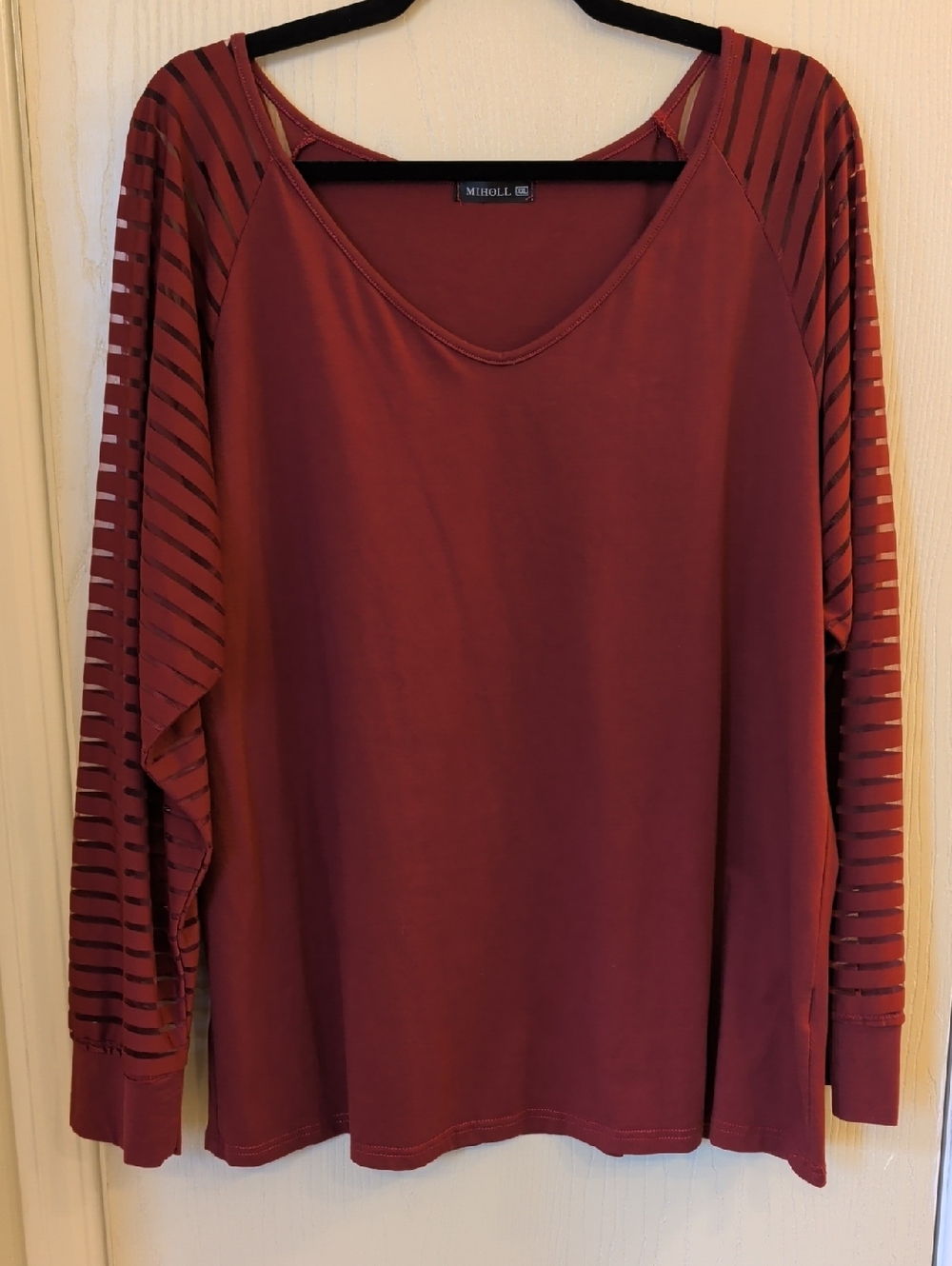 MIHOLL Women’s Red Wine Sheer Stripe Sleeve Top XXL Cotton Casual Blouse EUC